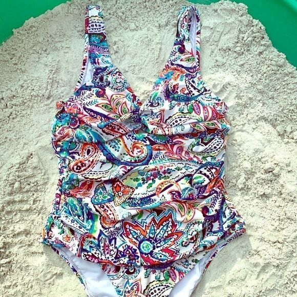 CHAPS WHITE PAISLEY ONE PIECE SWIMSUIT SIZE 10 - Picture 1 of 7